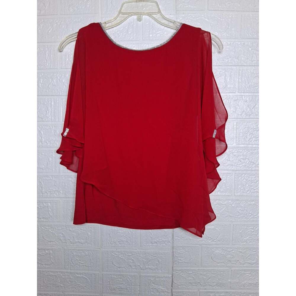 MSK Rhinestone Trim Ruffle Sleeve Top - Red - Size Small - Picture 3 of 9